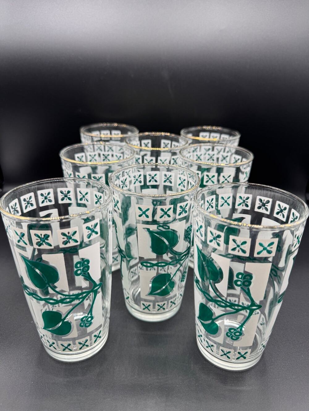 Hazel Atlas Green Ivy Glasses, Set of 8